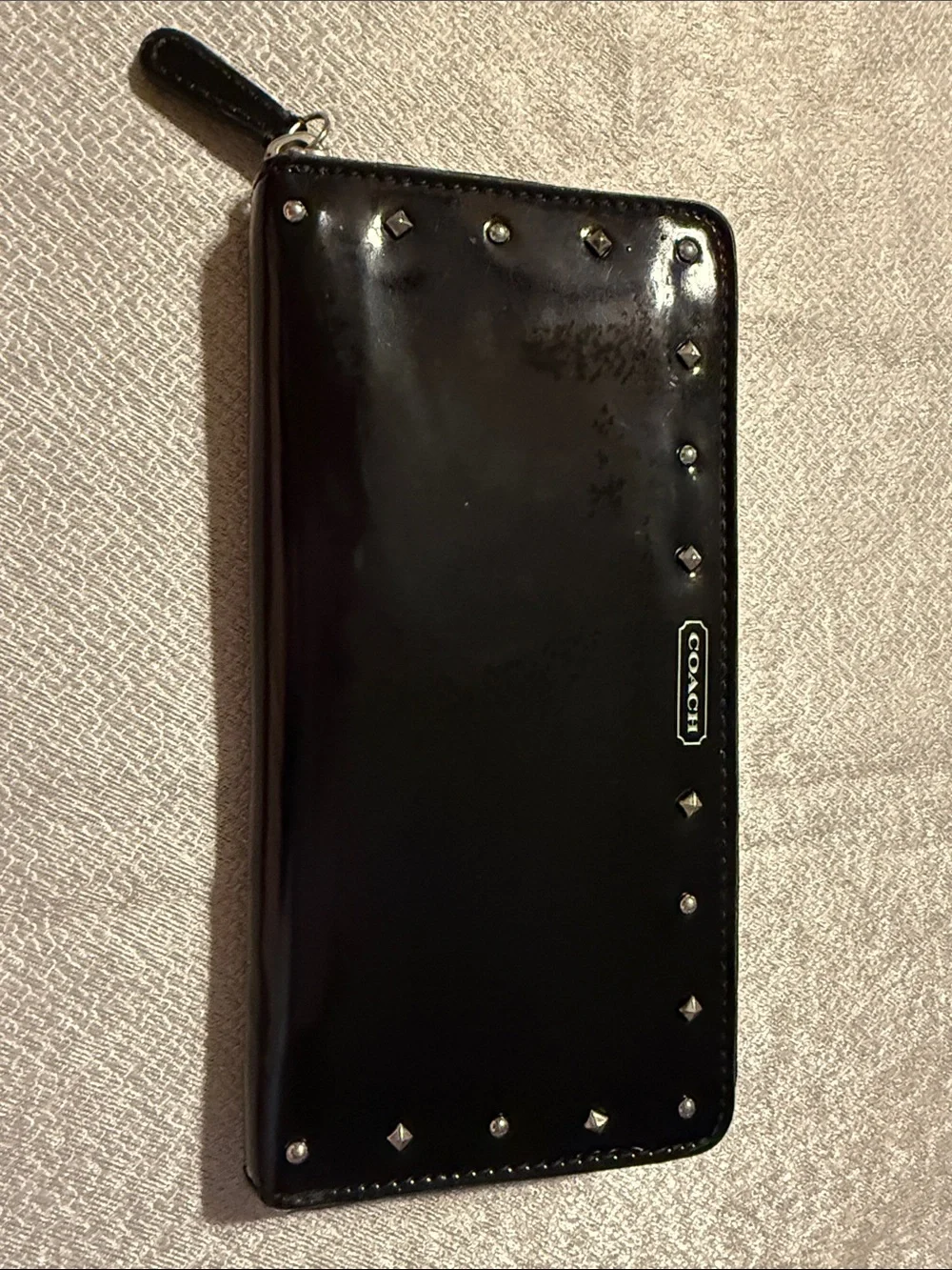 Coach Black Patent Leather Zip Card Holder with Stud Accents